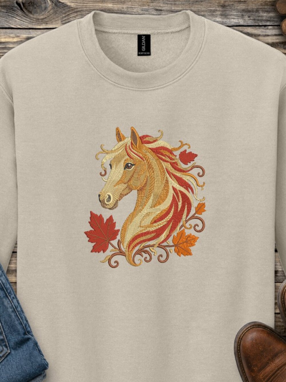 Horse Sweatshirt Embroidered Unisex Crewneck Fall Autumn Leaves Cozy Season Gift